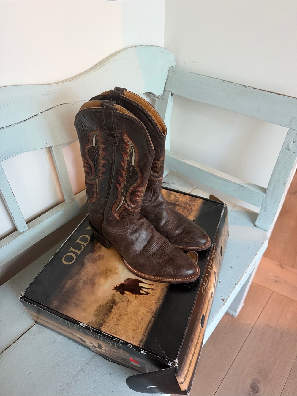 Old West Brown Leather Men's Western Boots with Stitch Detail